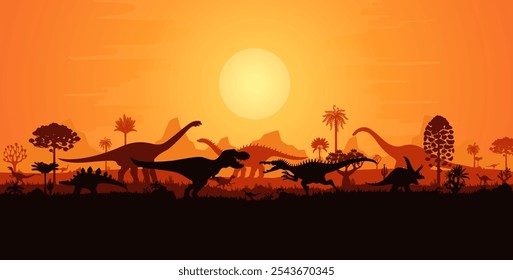 Riesendinosaurier, die Silhouetten in der Sonnenuntergangslandschaft der Jurassic Ära bekämpfen, Vektorhintergrund. Prähistorischer Dino Park oder Paläontologie Museum Banner mit Kampf brüllenden T-Rex und Dinosaurier Silhouetten