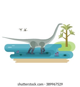 Giant Diplodocus. Prehistoric immense herbivore dinosaur. Pristine landscape. Extinct animal. Small location useful for map or game. Flat vector illustration.