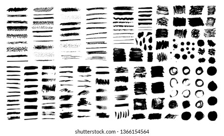 Giant dirty ink texture collection. Acrylic paint brush stroke, messy texture, grungy backdrop. Artistic design elements for any purpose. Vector illustration isolated on white background.