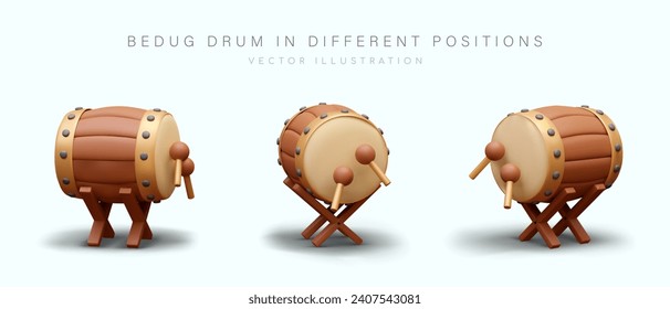 Giant drums for mosque. Equipment for signaling beginning of prayer. Bedug drum on wooden stand in different positions. Illustrations in realistic style