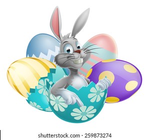Giant Easter eggs with a pointing happy cute cartoon White Easter Bunny