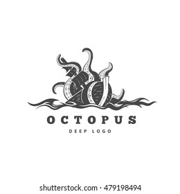 Giant evil kraken absorbs commercial sailing ship, silhouette octopus sea monster with tentacles for logo and t-shirt print or seafood mascot label, ocean life concept, detailed vector illustration