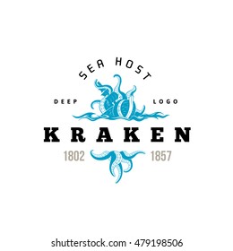 Giant evil kraken absorbs commercial sailing ship, silhouette octopus sea monster with tentacles for logo and t-shirt print or seafood mascot label, ocean life concept, detailed vector illustration