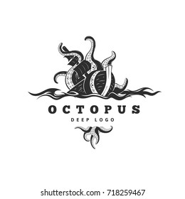 Giant evil kraken absorbs commercial sailing ship, silhouette octopus sea monster with tentacles for logo and t-shirt print or seafood mascot label, simple detailed black vector illustration