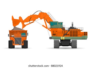 giant excavator and ridig dump truck in a surface mine