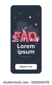 Giant FAQ and tiny people flat vector illustration. Cartoon users asking questions and getting help in problem. Useful instructions and information concept