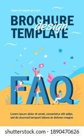 Giant FAQ and tiny people flat vector illustration. Cartoon users asking questions and getting help in problem. Useful instructions and information concept