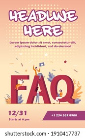Preguntas frecuentes gigantes y diminutas ilustraciones de vectores planas de personas. Los usuarios de caricaturas hacen preguntas y reciben ayuda en problemas. Instrucciones útiles y concepto de información