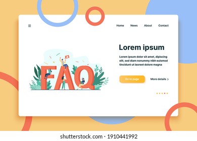 Giant FAQ and tiny people flat vector illustration. Cartoon users asking questions and getting help with a problem. Useful instructions and information concept