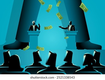 Giant figure behind debating politicians, showering them with money, symbolizing the hidden influence of powerful elites controlling governments. Concepts of behind the scenes manipulation in politics