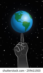 A giant finger is controls planet earth, a symbol for God or godlike behavior. Vector illustration on star pocked black background.