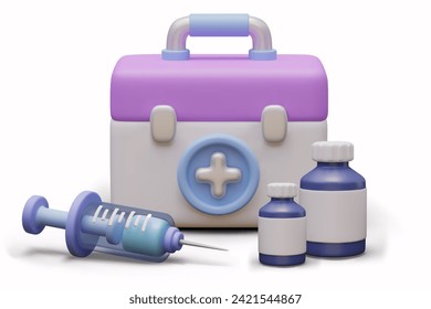 Giant first aid kit, syringe with liquid, bottles with medicines of various sizes