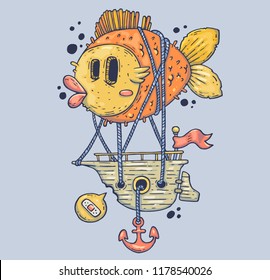 Giant fish and sea ship. Cartoon illustration for print and web. Character in the modern graphic style. Trendy style.
