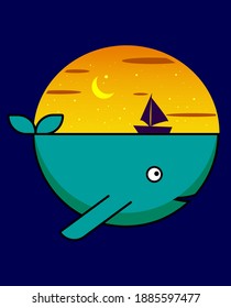 Giant fish under the boat on evening vector illustration. Sea view landscape and half moon.