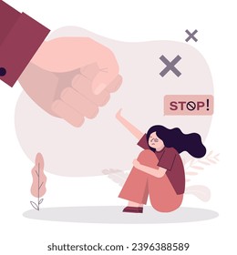 Giant fist threatens scared girl. Stop violence against women awareness. Woman protesting against domestic violence and female abuse, bullying. Stop violence against women. flat vector illustration