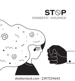 Giant fist threatens scared girl. Stop violence against women awareness. Battered woman, protest against domestic violence and female abuse, bullying. Monochrome design, flat vector illustration