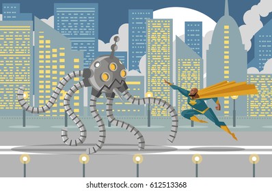 giant flamethrower robot fighting an african superhero