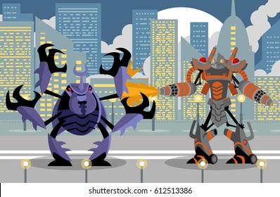 giant flamethrower robot fighting a giant beetle in the city