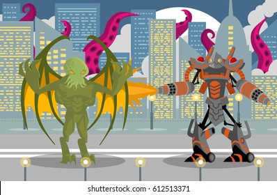 giant flamethrower robot fighting a cthultu winger reptile tentacles monster in city