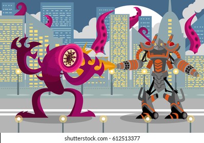 giant flamethrower robot fighting a leech tentacles monster in city