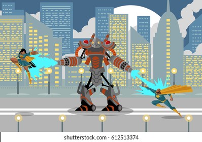 giant flamethrower robot fighting two superhero man and girl