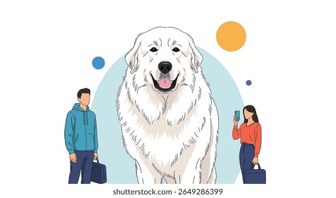 Giant fluffy white dog stands proudly with two small people beside it illustrating the concept of large pets companionship and everyday life adventures