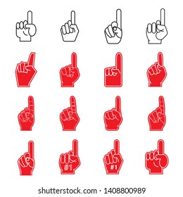 Giant Foam Finger Illustrations and Icons. Hands with Forefinger Up. Collection of Team Fan We’re Number One Symbols Isolated on a White Background. Vector Illustrations