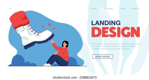 Giant foot in boot crushing, trampling scared tiny woman. Bully offending small person flat vector illustration. Fight, bullying, harassment concept for banner, website design or landing web page