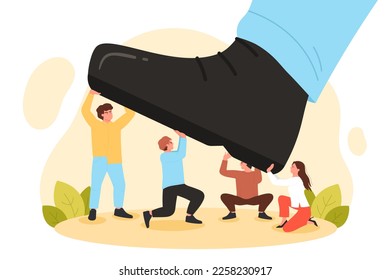 Giant foot step to crush team of business people vector illustration. Cartoon big shoe crushing tiny corporate employees, work of managers to resist pressure and conflict abuse of leaders stomp