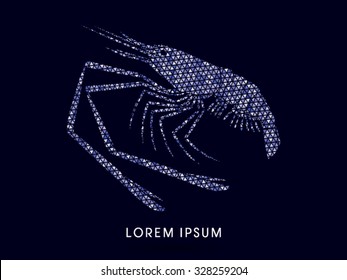 Giant freshwater prawn, shrimp, designed using blue triangles mosaic graphic vector.