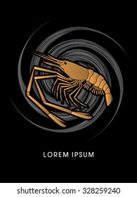 Giant freshwater prawn, shrimp, designed using gold color on spin cycle graphic vector.