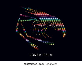 Giant freshwater prawn, shrimp, designed using line rainbows graphic vector.
