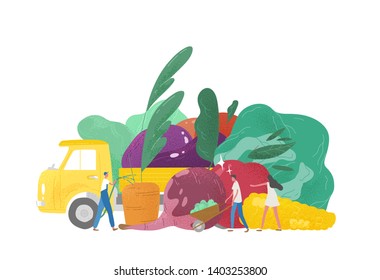 Giant fruits and vegetables, truck and group of tiny people, agricultural workers or farmers isolated on white background. Natural organic fresh food. Agriculture or farming. Flat vector illustration.