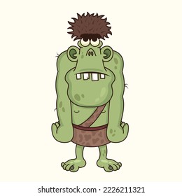 Giant Funny cartoon grumpy ogres. Cute fantasy mythical character. Vector cave dweller. Design for print, emblem, t-shirt, halloween or fantasy party decoration, sticker. 