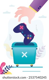 Giant gamer hand throw game joystick into trash can. Stop e-gaming. Refusal of cyber games. Overcoming gambling addiction. Game time limit, digital detox. Wireless controller under restriction. vector