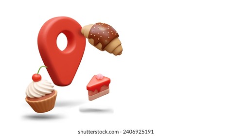 Giant geo tag, croissant, cupcake, cake. Find cafeteria. Sweet shop location. Road to bakery. Laying route. Advertising composition on white background