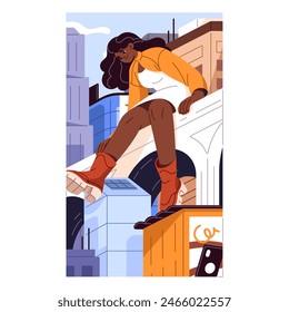 Giant girl sits on bridge, looks down. Gigantic young woman relaxes with dangling legs. Enormous person is on urban street with buildings. Big city life concept poster. Flat vector illustration