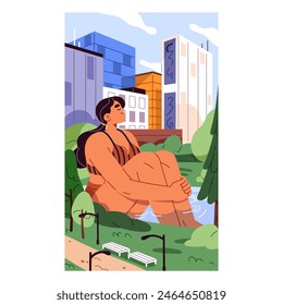 Chica gigante en traje de baño se relaja en el estanque en el parque. Grande mujer joven descansa, se sienta en el agua con edificios alrededor. Feliz enorme persona en la ciudad. Afiche del concepto de vida urbana tranquila. Ilustración vectorial plana