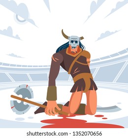 Giant Gladiator lost in gladiatorial combat. Vector isolated illustration. Flat cartoon style.