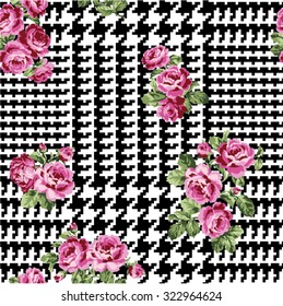 Giant Glen plaid with roses, vector seamless pattern in custom colors