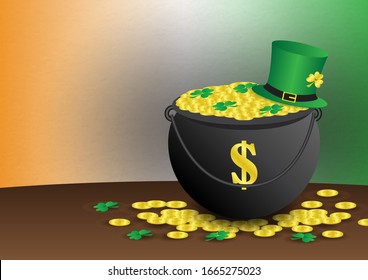 Giant golden coins's pot with high hat of Leprechaun on the ground and gradient colors of Iris flag background with space for texts.