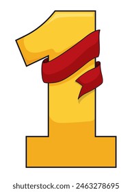 Giant golden number one, wrapped with red ribbon template in cartoon style.