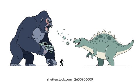 Giant gorilla and dinosaur battle against tiny human fighter in epic clash