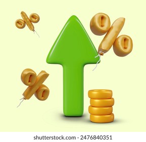 Giant green arrow up, stack of coins, gold percentage balloons