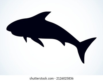 Giant grey murder beast. Freehand outline black color ink pen hand drawn aqua zoo logotype emblem design art retro doodle engrave etch print style. Close up view light white paper text space backdrop