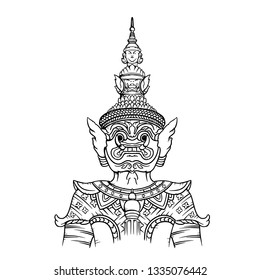 Giant guardian statue Thailand illustration. Giant statue line drawing