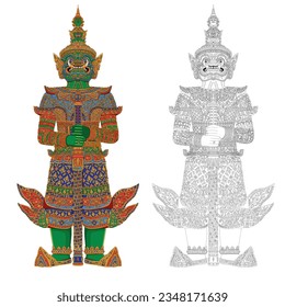 Estatua gigante de la tutela en Wat Phra Kaew Tailandia sobre fondo blanco. Ilustración vectorial 10