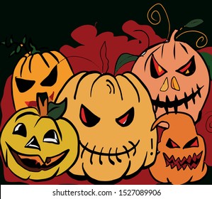 Giant halloween pumpkins in black background vector illustration  