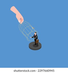 Giant hand capturing businessman with birdcage isometric 3d vector illustration concept for banner, website, illustration, landing page, flyer, etc.