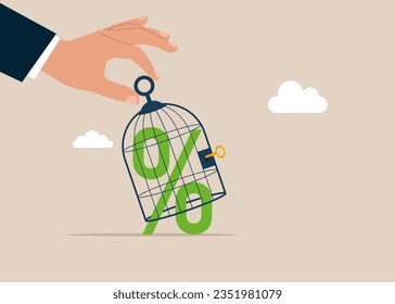 Giant hand capturing a percent in birdcage. Lack of freedom. Modern vector illustration in flat style